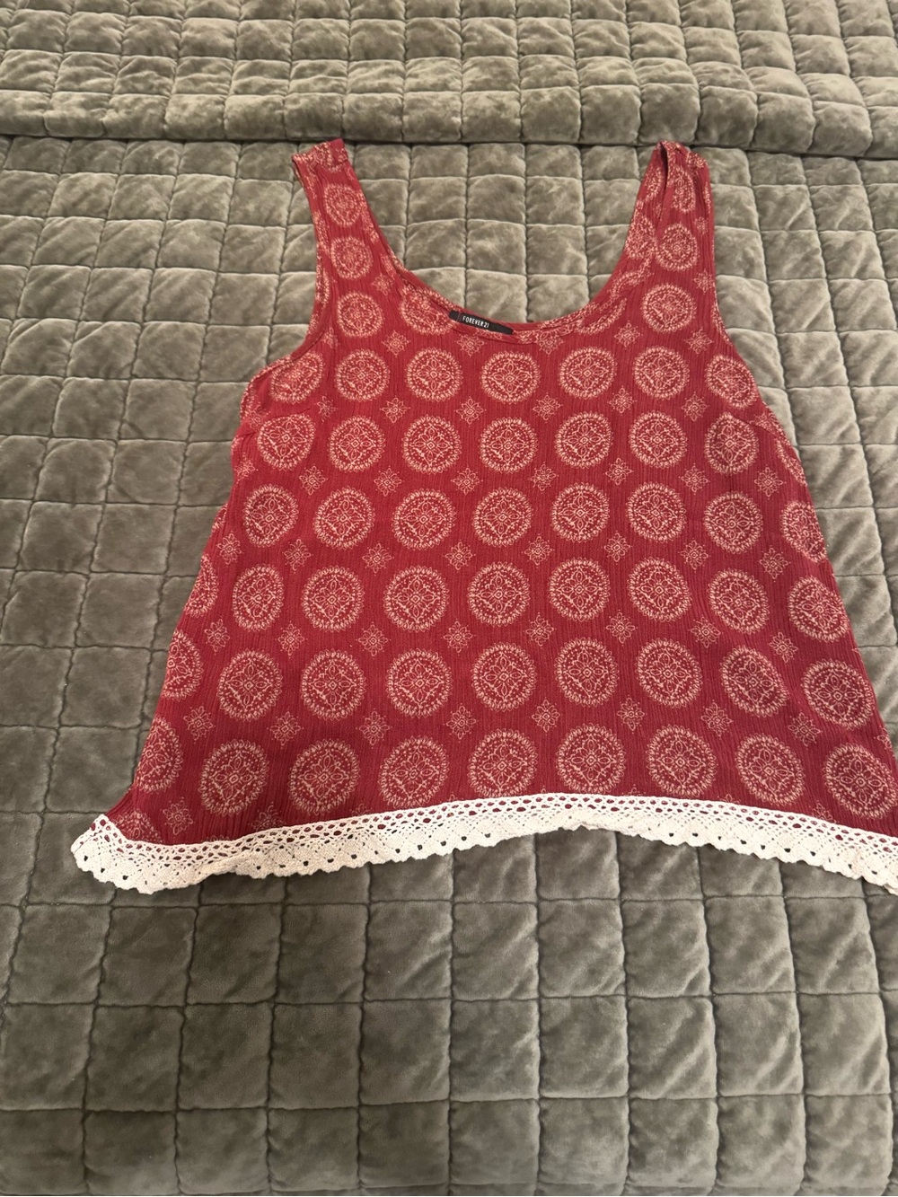 Forever 21 Red Medallion Print Tank with Crochet Hem